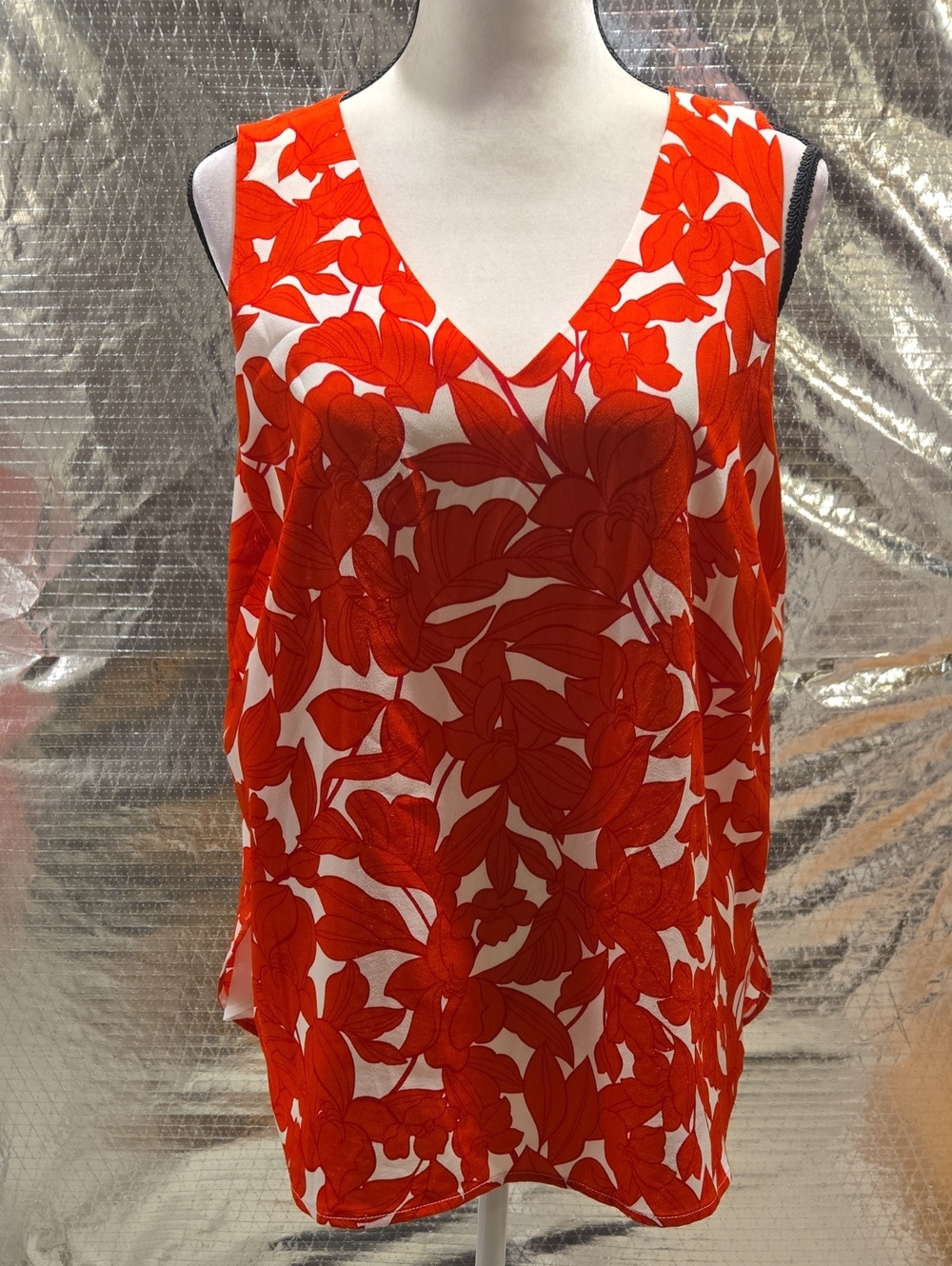 Tahari Orange & White Floral V-Neck Sleeveless Camisole